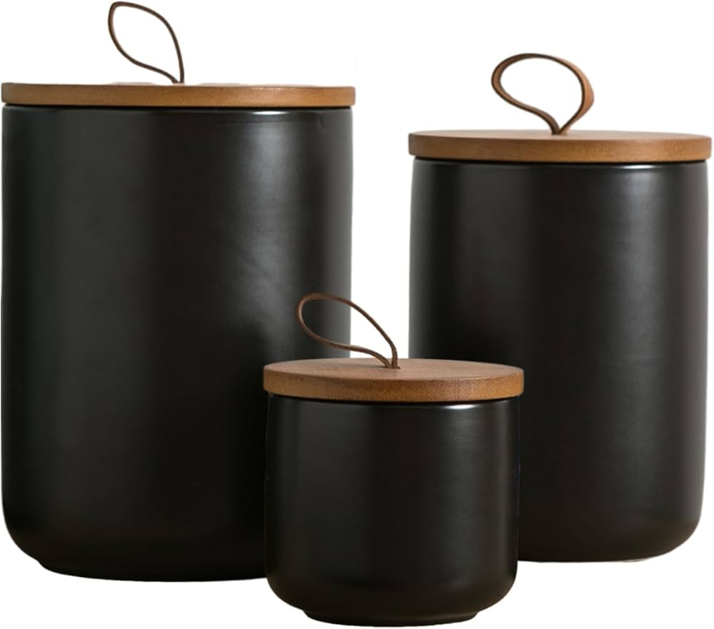 Canister Sets for Kitchen, Black Ceramic Kitchen Canisters for Countertop with Airtight Wood Lids... | Amazon (US)