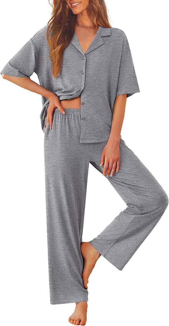 Ekouaer Women Pajamas Set Button Down Sleepwear Short Sleeve Pjs Soft Comfy Nightwear with Long P... | Amazon (US)