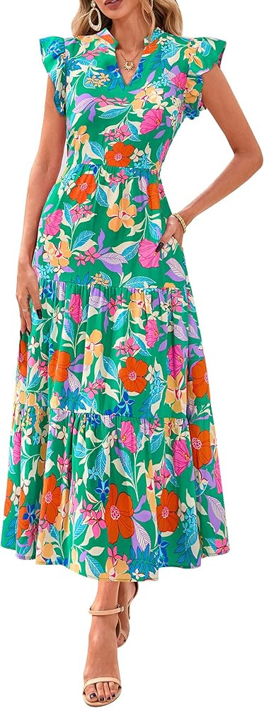 PRETTYGARDEN Women's 2025 Summer Floral Midi Dress Cap Sleeve V Neck Ruffle Long Flowy Boho Casua... | Amazon (US)