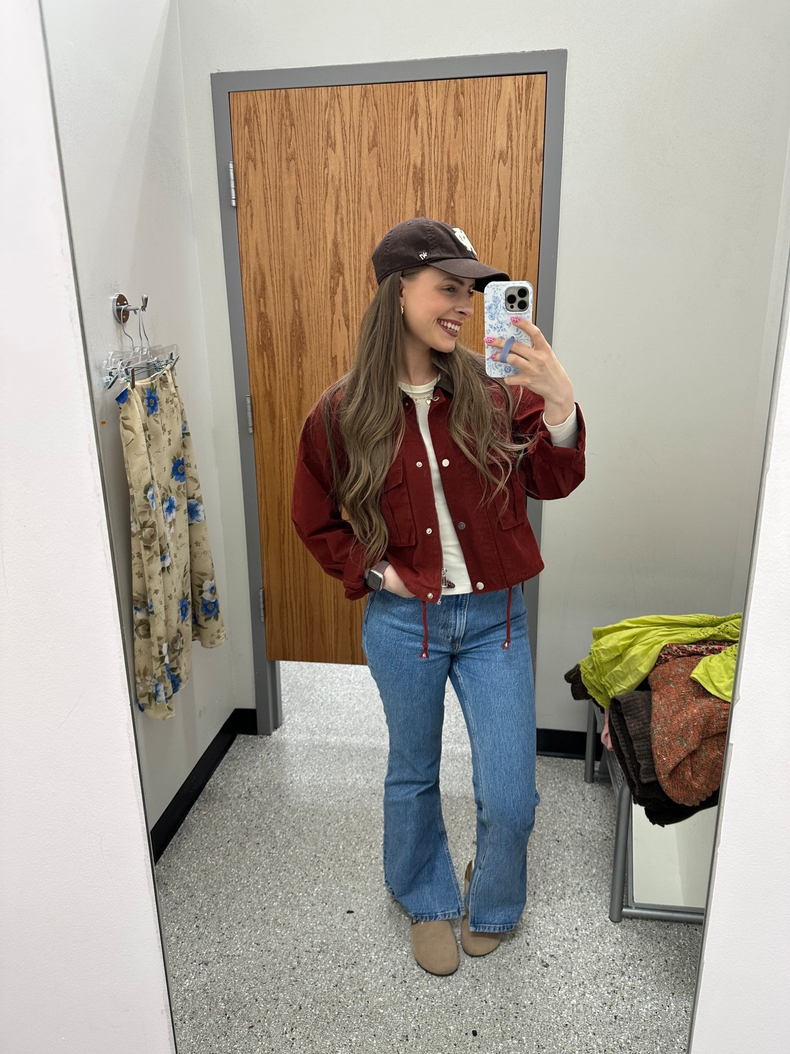 11/7/25 thrifting ootd!

Hat: Notre Dame gift shop 
Jacket: Amazon
Long sleeve: H&M
Jeans: Abercrombie 
Shoes: Amazon

November fall outfit of the day inspo cropped barn coat chore jacket utility bomber overshirt cinch waist button front contrast stitching collar color block burgundy maroon dark red trend for fall H&M basic tops long sleeve comfortable everyday wear baseball cap style outfit casual Friday look Abercrombie curve love mid high rise flare bootcut jeans denim tater spud shoes clogs slip on potato flats cozy cabin crew socks cable knit sweater material for winterr

#LTKSeasonal #LTKTall #LTKStyleTip