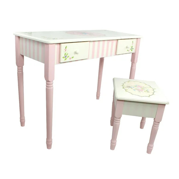 Fantasy Fields Vintage Bedroom Wooden Children's Play Table Vanity Set Makeup Desk w/ Stool, Pink... | Walmart (US)