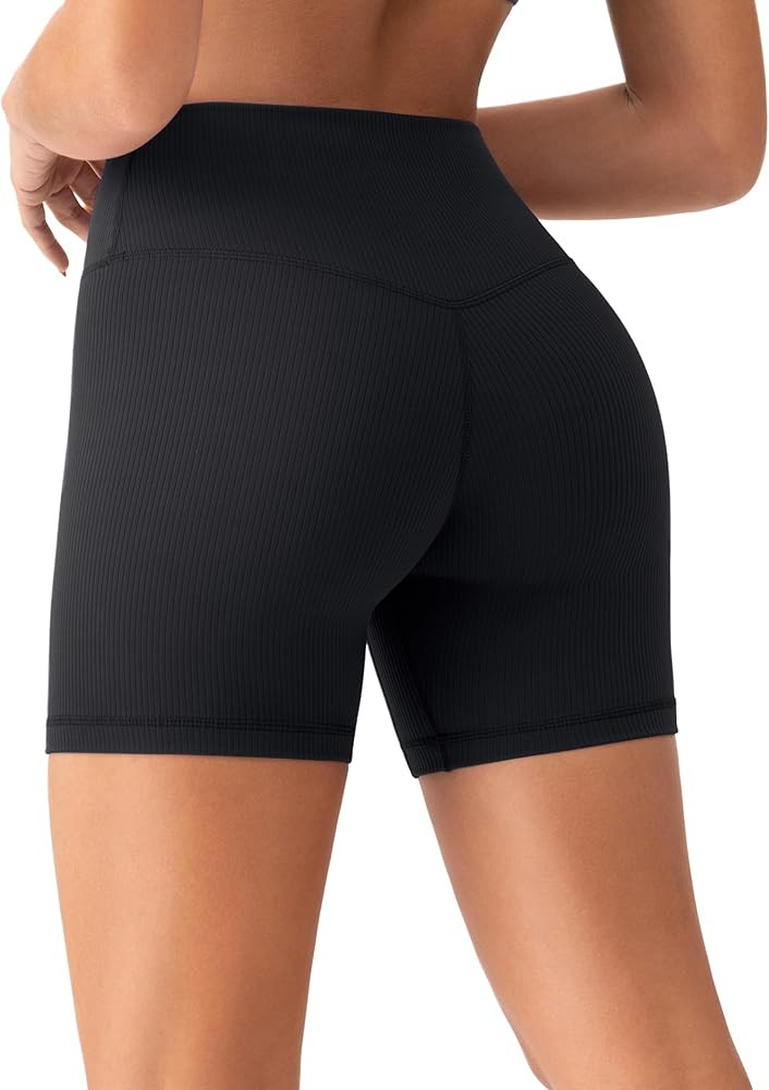 YUNOGA Womens RibFlex High Waisted Ribbed Biker Shorts 6 inches - Tummy Control Spandex Yoga Shor... | Amazon (US)