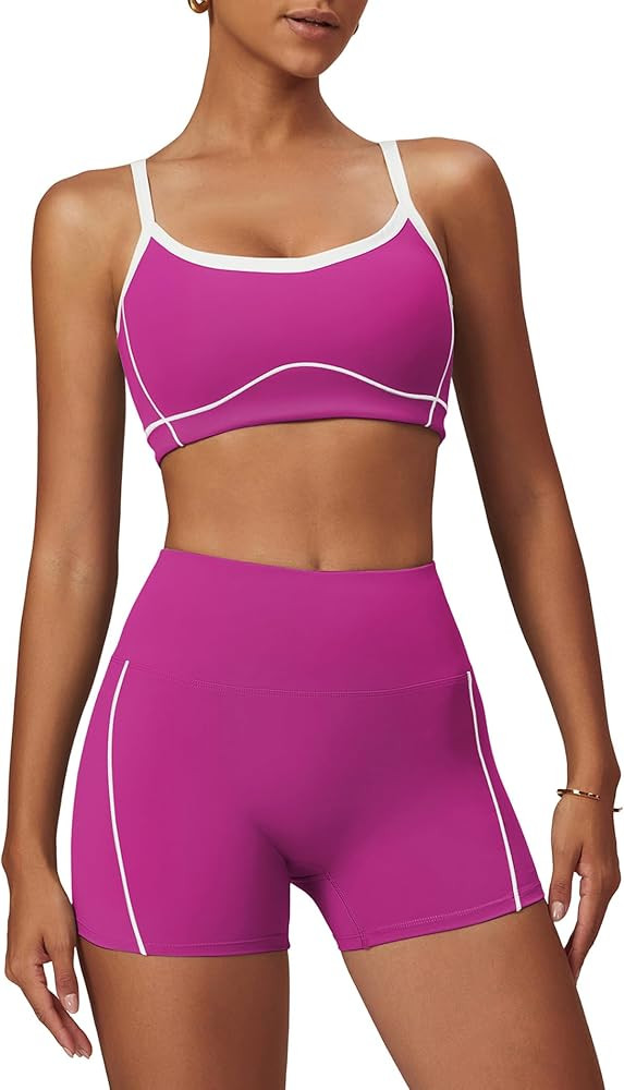 QBGJTD Two Piece Women Workout Sets Color Block Sports Bra and Scrunch Butt Lifting Shorts Gym Yo... | Amazon (US)