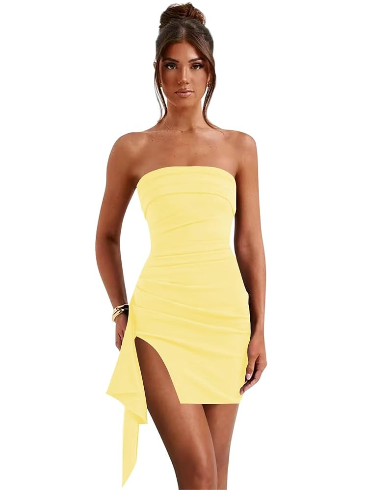 YOFF Strapless Mini Homecoming Dresses Satin Short Prom Dress Pleated Tight Cocktail Party Gown w... | Amazon (US)