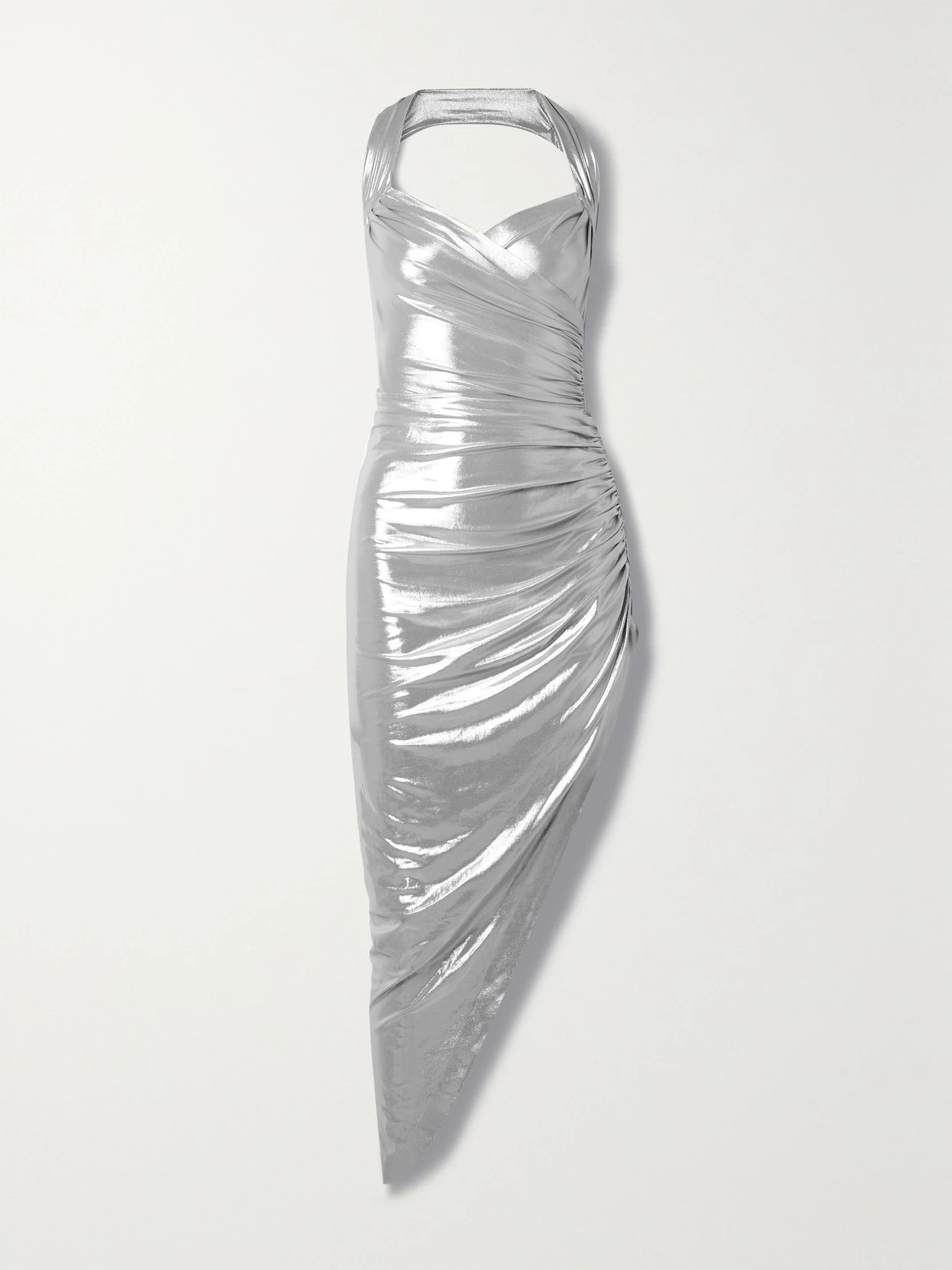 Norma Kamali - Cayla Asymmetric Ruched Stretch-lamé Halterneck Dress - Silver | NET-A-PORTER (US)