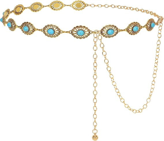 LEACOOLKEY Women Turquoise Concho Chain Waist Belt Silver Western Cowgirl Metal Chain Belt for Dr... | Amazon (US)