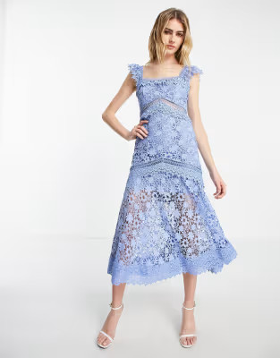 ASOS DESIGN Premium lace midi dress with ruffle detail in blue | ASOS | ASOS (Global)