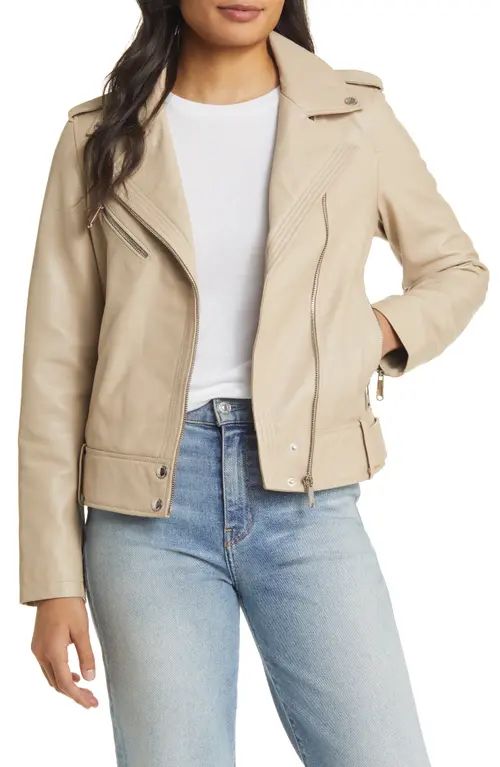 Sam Edelman Lambskin Leather Moto Jacket in Oatmeal at Nordstrom, Size X-Large | Nordstrom