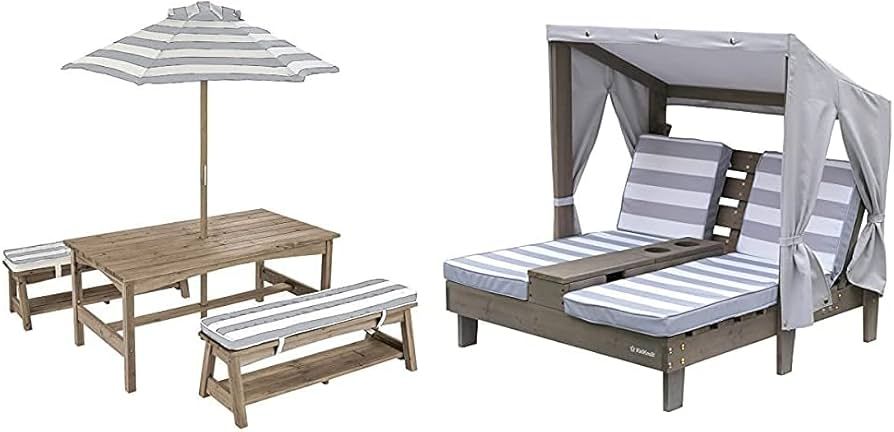 KidKraft Outdoor Table & Bench Set with Cushions and Umbrella Gray & White Stripes with Outdoor D... | Amazon (US)