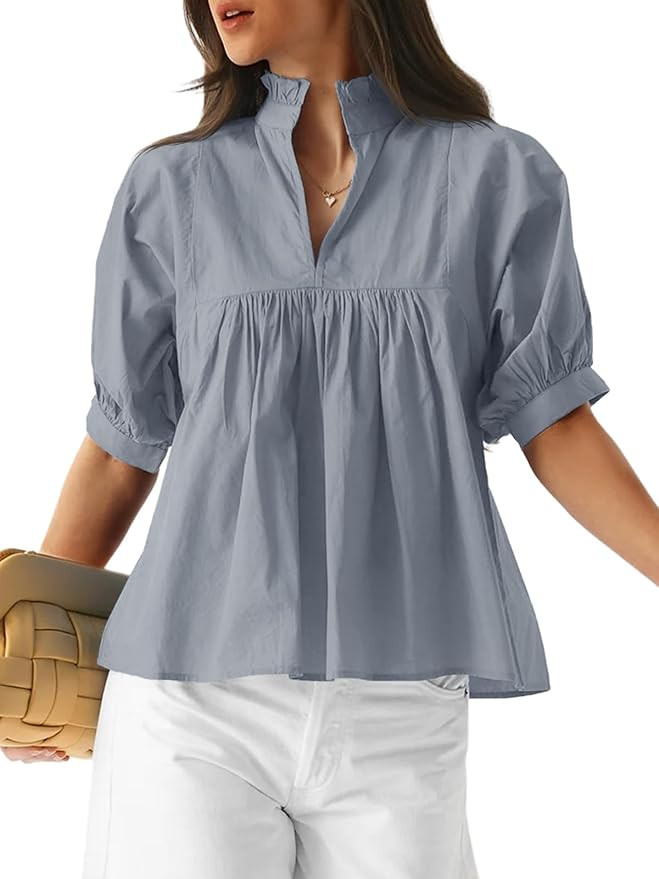 Cicy Bell Womens Puff Sleeve V Neck Blouse Babydoll Peplum Tops Dressy Casual Pleated Loose Fit S... | Amazon (US)