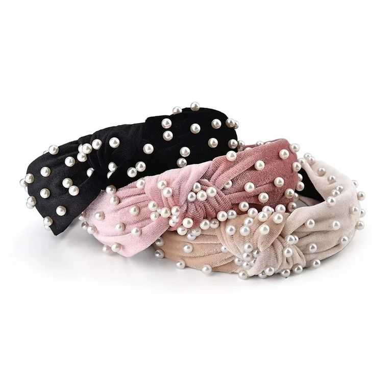 3 Pack Velvet Wide Headbands Knot Turban Headband Vintage Hairband with Faux Pearl Elastic Hair H... | Walmart (US)