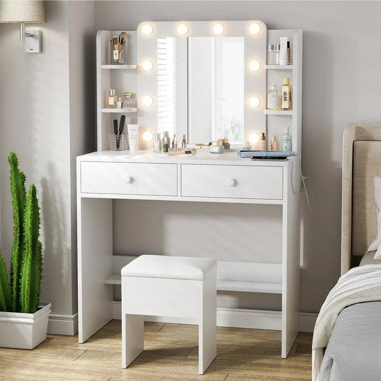 Haewon 33" White Vanity Desk with Mirror and Lights and Power Outlet, Makeup Vanity with Large De... | Walmart (US)