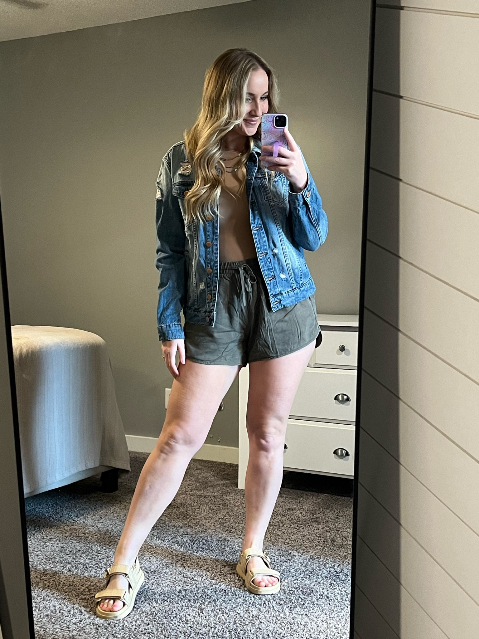 Casual outfit, running errands outfit, mom outfit, soft shorts. Body suit, denim jacket, dual strapped sandals 

#LTKfindsunder100 #LTKfindsunder50 #LTKsalealert