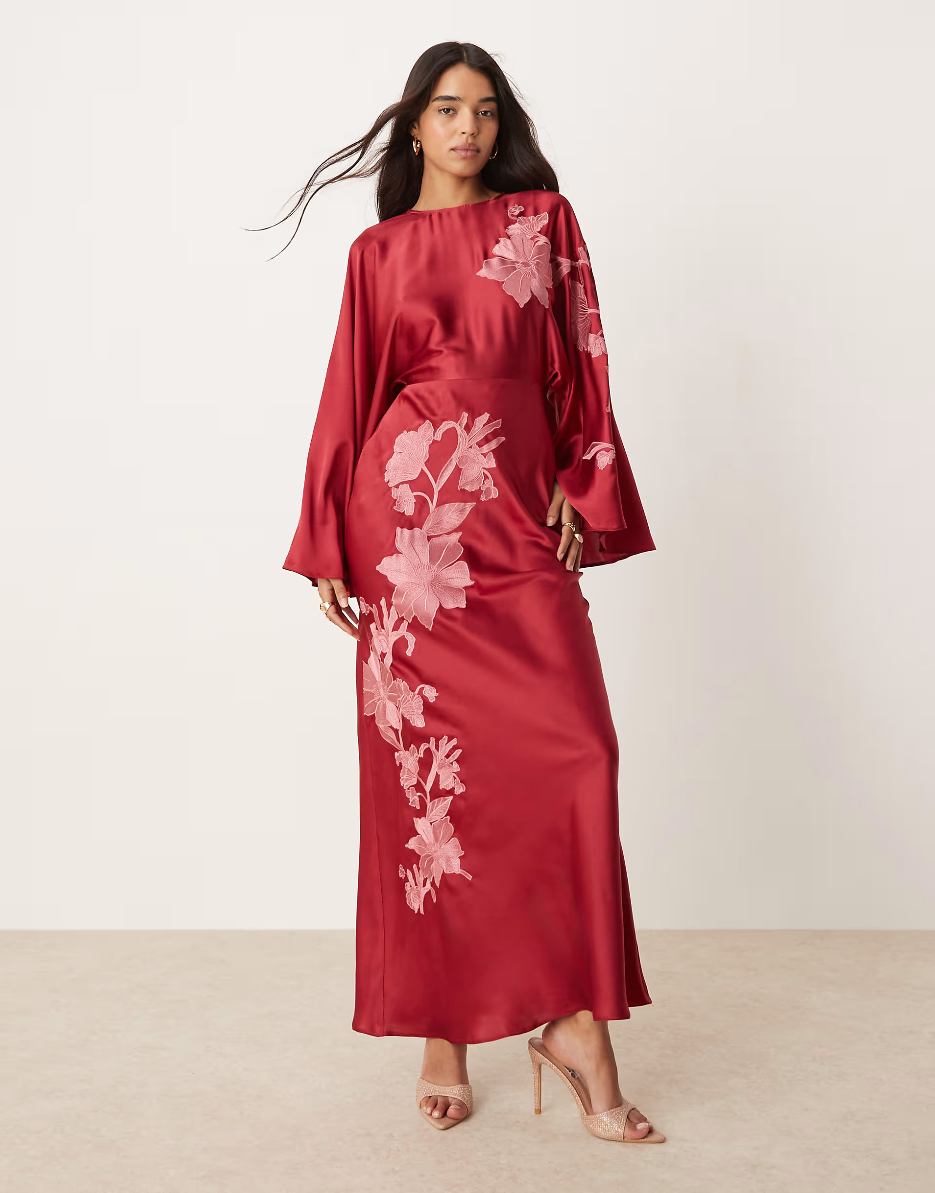 ASOS DESIGN exaggerated sleeve embroidered satin bias maxi dress in berry | ASOS (Global)