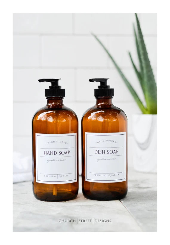 16oz Amber Glass Soap Dispenser, Dish Soap Bottle With Waterproof Label or Hand Soap Bottle, Refi... | Etsy (US)