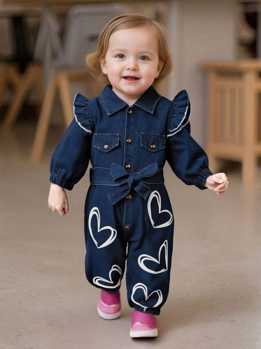 Toddler Girl Denim Jumpsuit Heart Print Long Sleeve Button Up Belted Romper With Two Fake Pockets | SHEIN