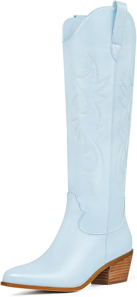 Women's Embroidered Western Cowboy Boots Knee High Stitching Almond Medium Heel Chunky Heel 5cm P... | Amazon (US)
