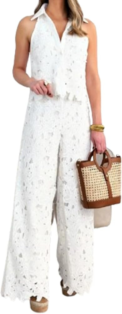 Womens 2 Piece Lace Outfits Floral Sleeveless Vest and Wide Leg Pants Set Cropped Top | Amazon (US)