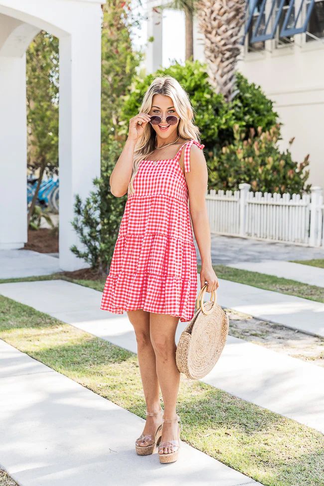 Morning Grace Red Tie Sleeve Gingham Mini Dress | Pink Lily