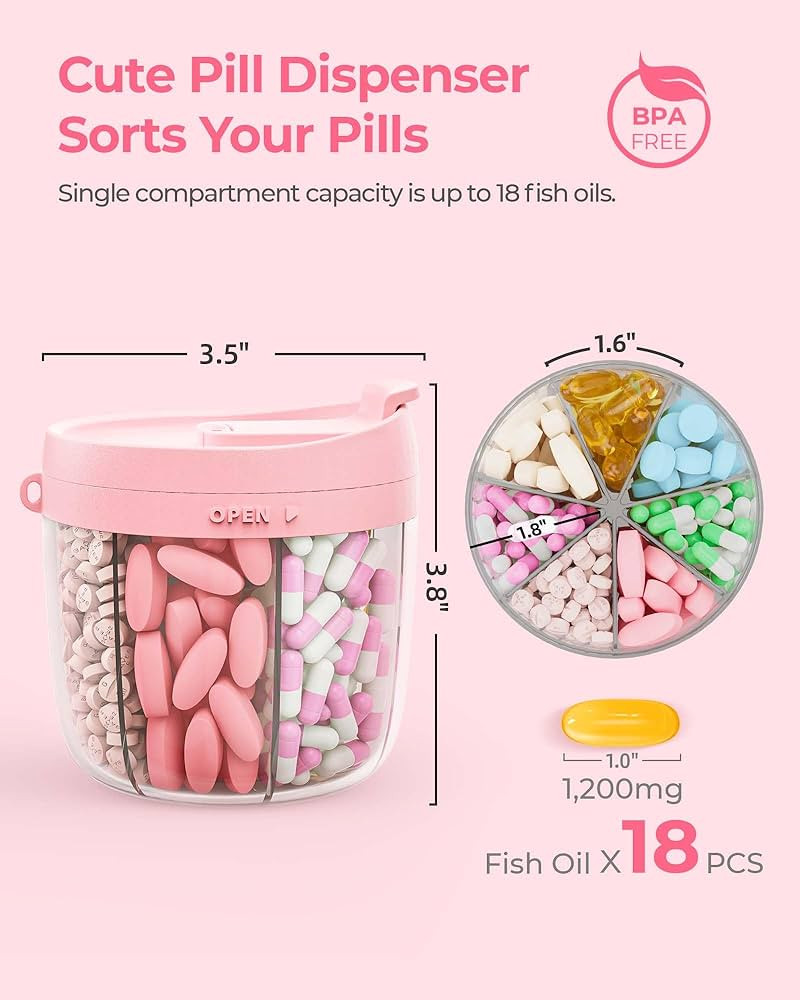 Cute Pill Dispenser with 7 Large Compartments, Portable Pill Bottle Organizer with Wide Opening f... | Amazon (US)