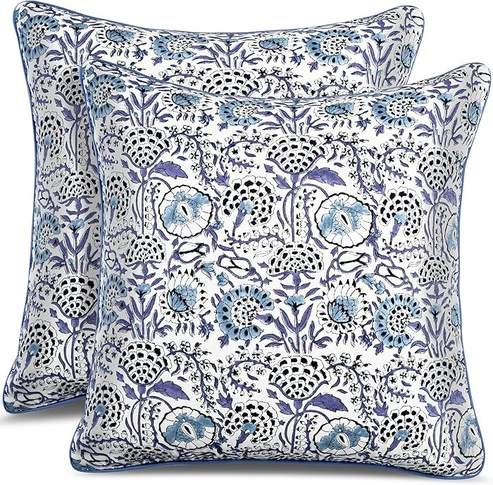 CPC 100% Cotton Throw Pillow Covers 20x20 Inch, Set of 2 Blue Block Print Pattern Couch Pillow, C... | Amazon (US)