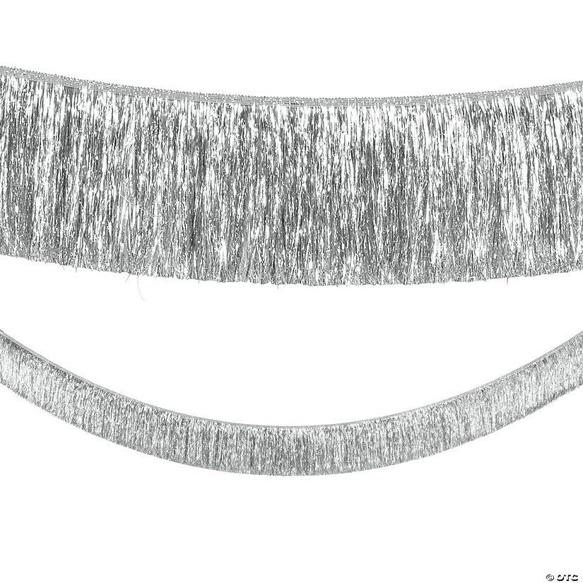 9 Ft. Silver Ready-to-Hang Metallic Tinsel Fringe Garland | Oriental Trading Company