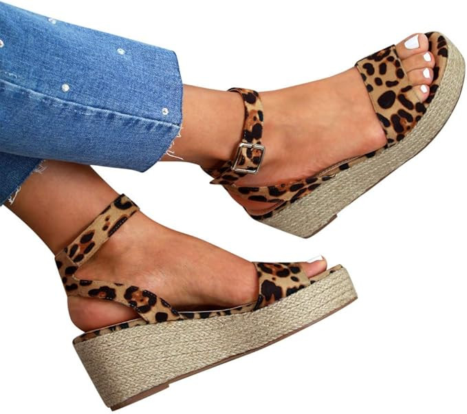 Cenglings Wedges Sandals,Women's Open Toe Leopard Print Ankle Strap Buckle Platform Wedges Espadr... | Amazon (US)