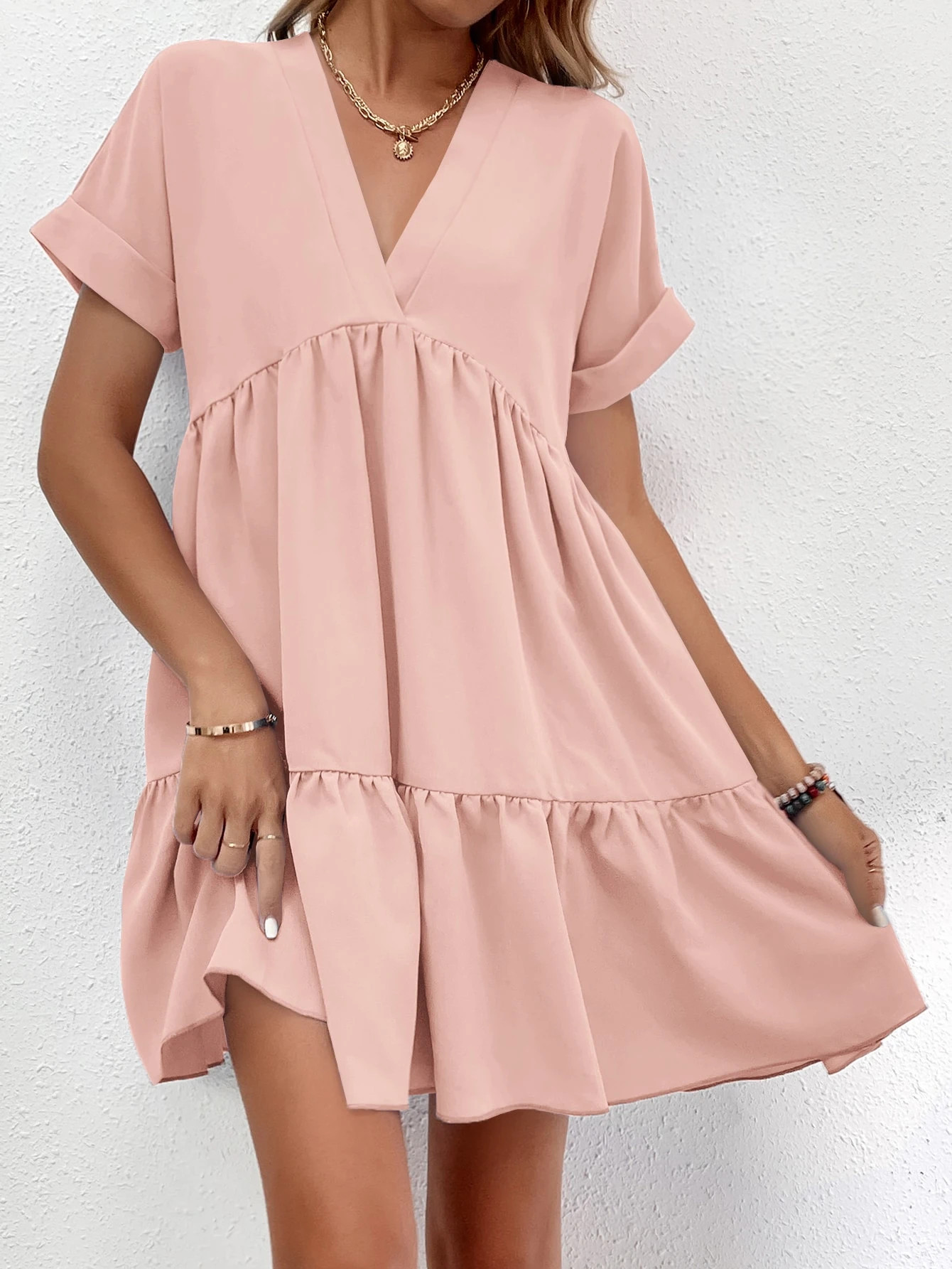 Roll Cuff Ruffle Hem Solid Dress | SHEIN