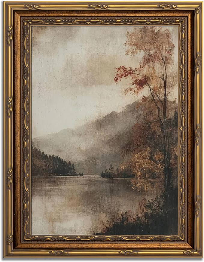 Gold Framed Vintage Autumn Landscape Canvas Wall Art Rustic Moody Lakeside Wall Decor Picture Aut... | Amazon (US)