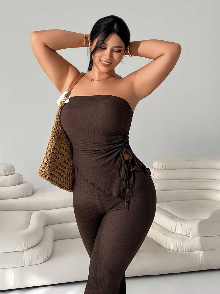 Solflare 2pcs Set: Coffee Color Bandeau Top And Flare Pants,Cowgirl, Plus Size,Spring Summer Clothes | SHEIN