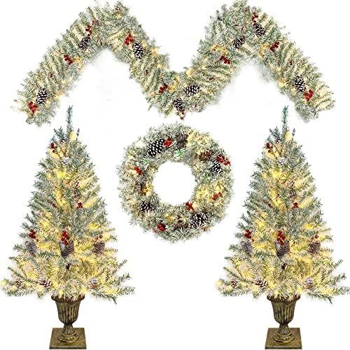 Christmas Decorations 4 Piece Set, Prelit Artificial Christmas Garland, Wreath and Set of 2 Entrance | Amazon (US)