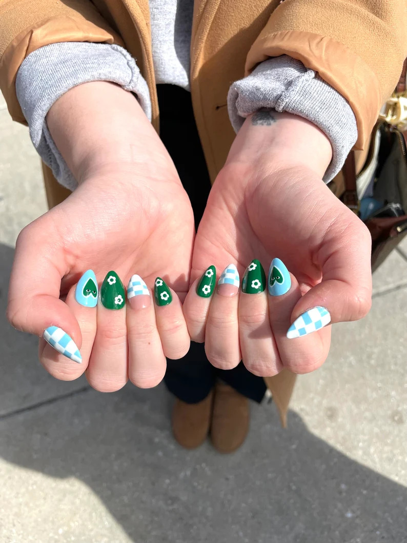 Luxury Hand Painted Press on Nails Saint Patricks Day Checkered - Etsy | Etsy (US)