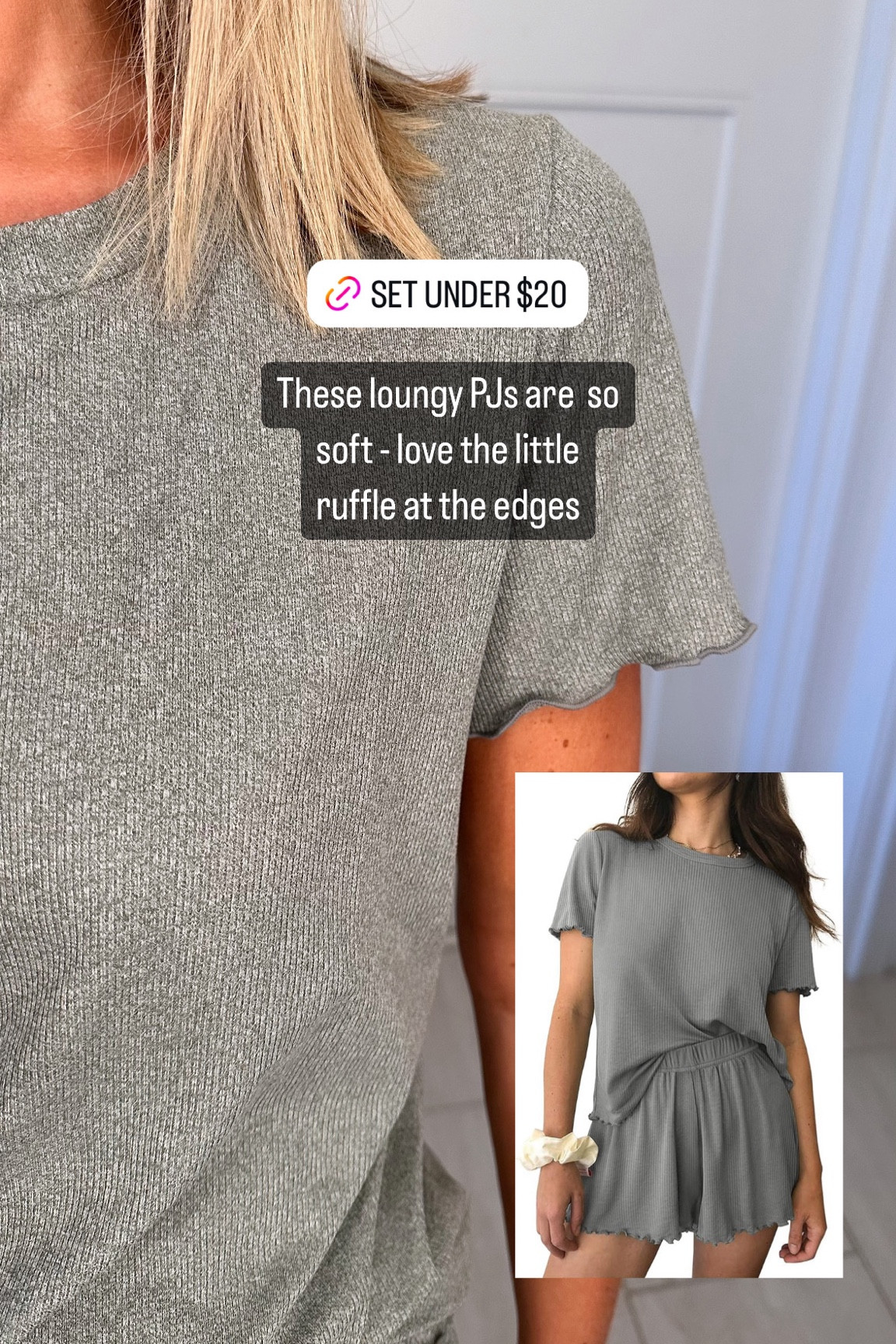 Super soft loungewear pajama set under $20! The fabric is ribbed with a little ruffle at the end of the sleeve and bottom of the shorts. Still soft after washing them too. Comes in multiple colors. 
I’m wearing the Grey in size Small. 

PJs 
Pajamas
Shorts
T-shirt 
Amazon find
Home
Weekends

#LTKFindsUnder50 #LTKHome #LTKStyleTip
