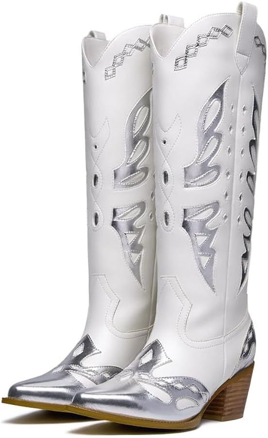 Women's Cowboy Boots Metallic Mid Calf Cowgirl Boots Wide Calf Western Embroidered Sparkly Paty B... | Amazon (US)