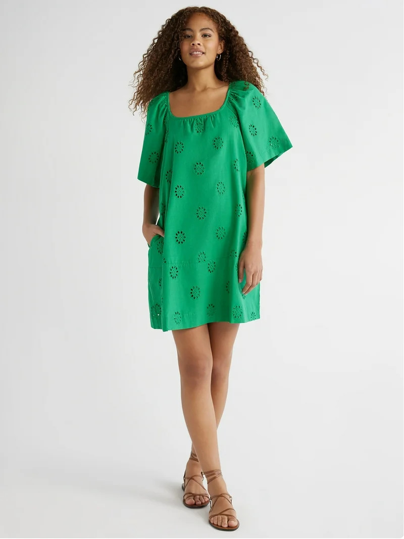 Free Assembly Women's Square Neck Eyelet Mini Dress with Short Sleeves, Sizes XS-XXL | Walmart (US)