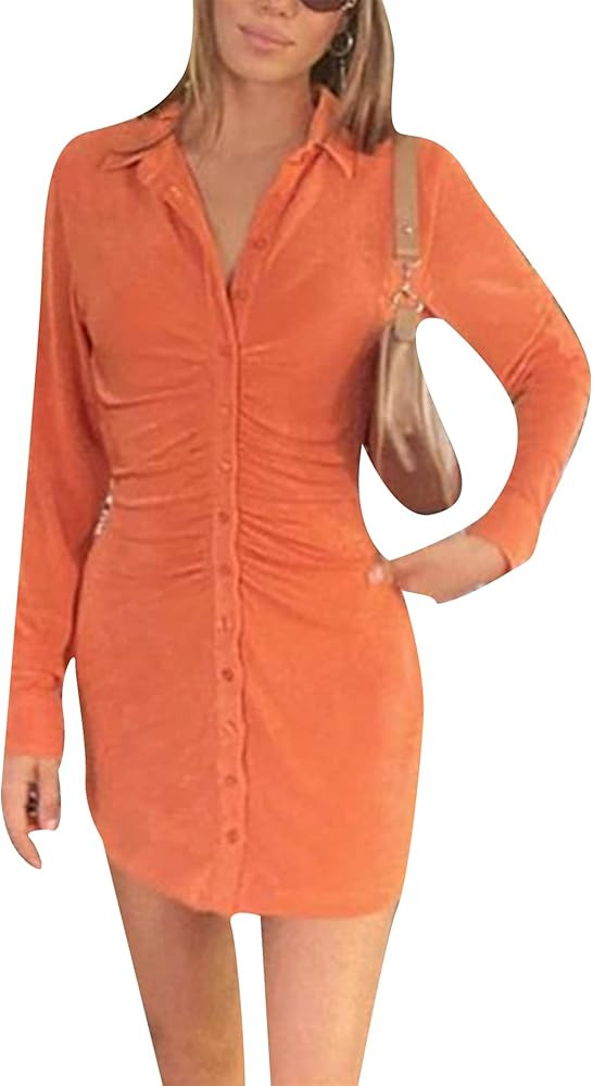 EFOFEI Womens Long Sleeves Lapel Mini Dress Casual Slim Fit Button Down Tunic Dress | Amazon (US)