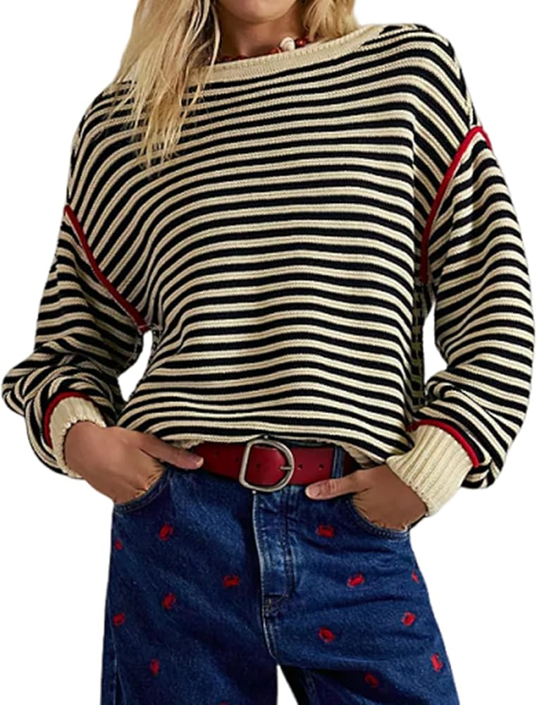Women's Oversized Striped Sweater Long Sleeve Crew Neck 2025 Fall Pullover Sweater Tops | Amazon (US)