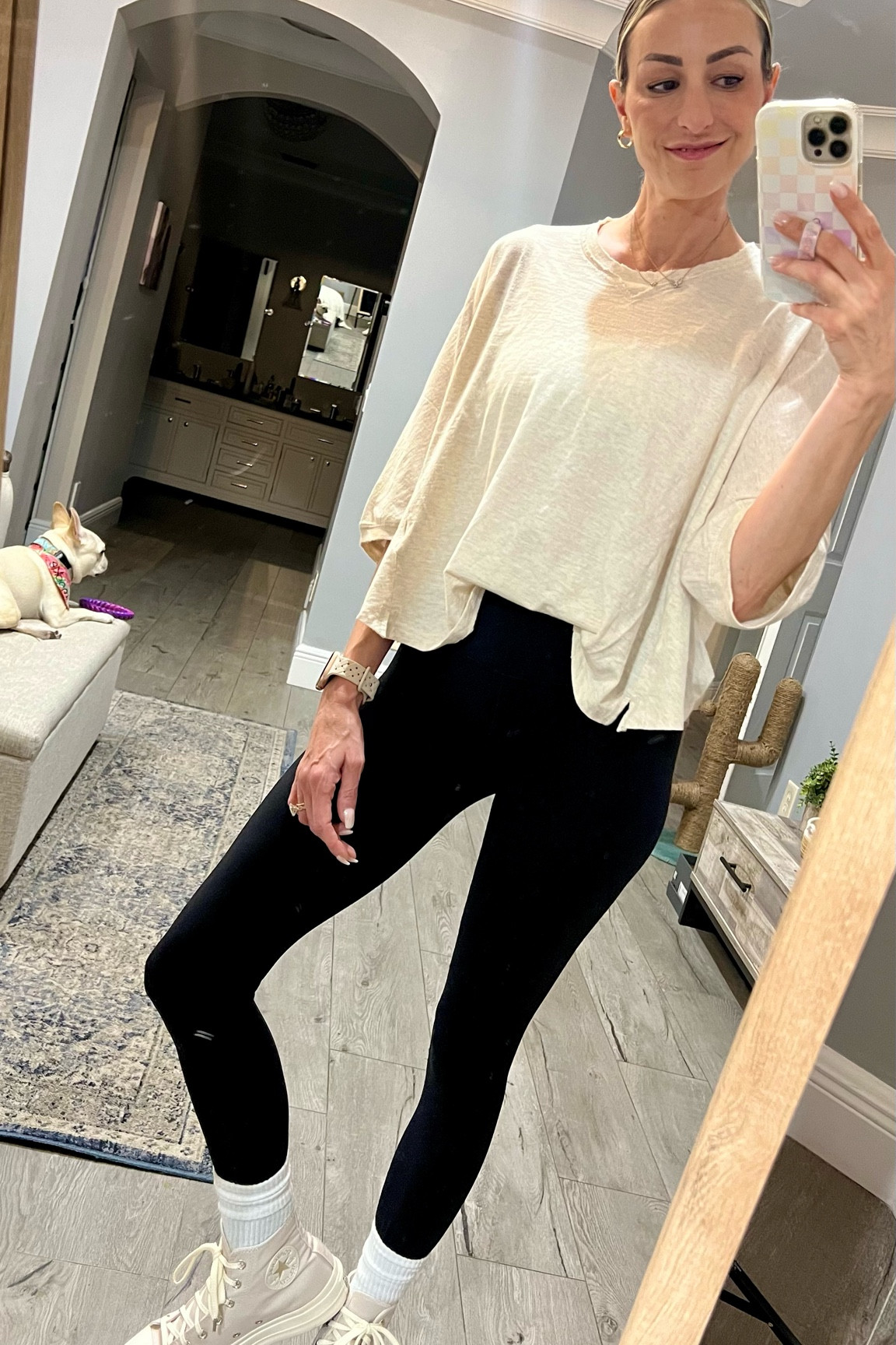 Comfy and cute!
Aerie t-shirt runs big, I am wearing an xs
Lululemon Align leggings size-4
Converse Platforms- run big! Size down 1/2 size