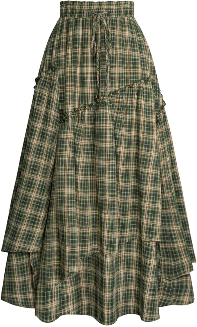 Scarlet Darkness Women Plaid Skirt High Waist A Line Tiered Long Skirt with Pockets | Amazon (US)