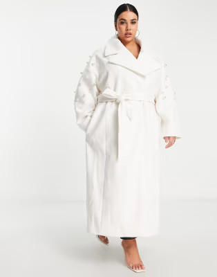 ASOS LUXE Curve longline coat with pearl detail in white | ASOS (Global)