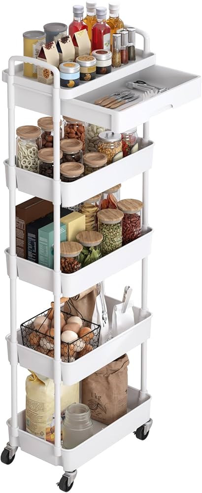 Dttwacoyh 5-Tier Rolling Utility Cart，Trolley with Drawer, Multifunctional Storage Organizer wi... | Amazon (US)