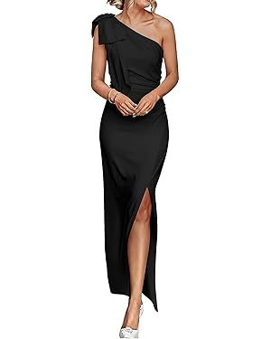 Women's Bow One Shoulder Sleeveless Ruched Split Flared Bodycon Party Maxi Dress | Amazon (US)