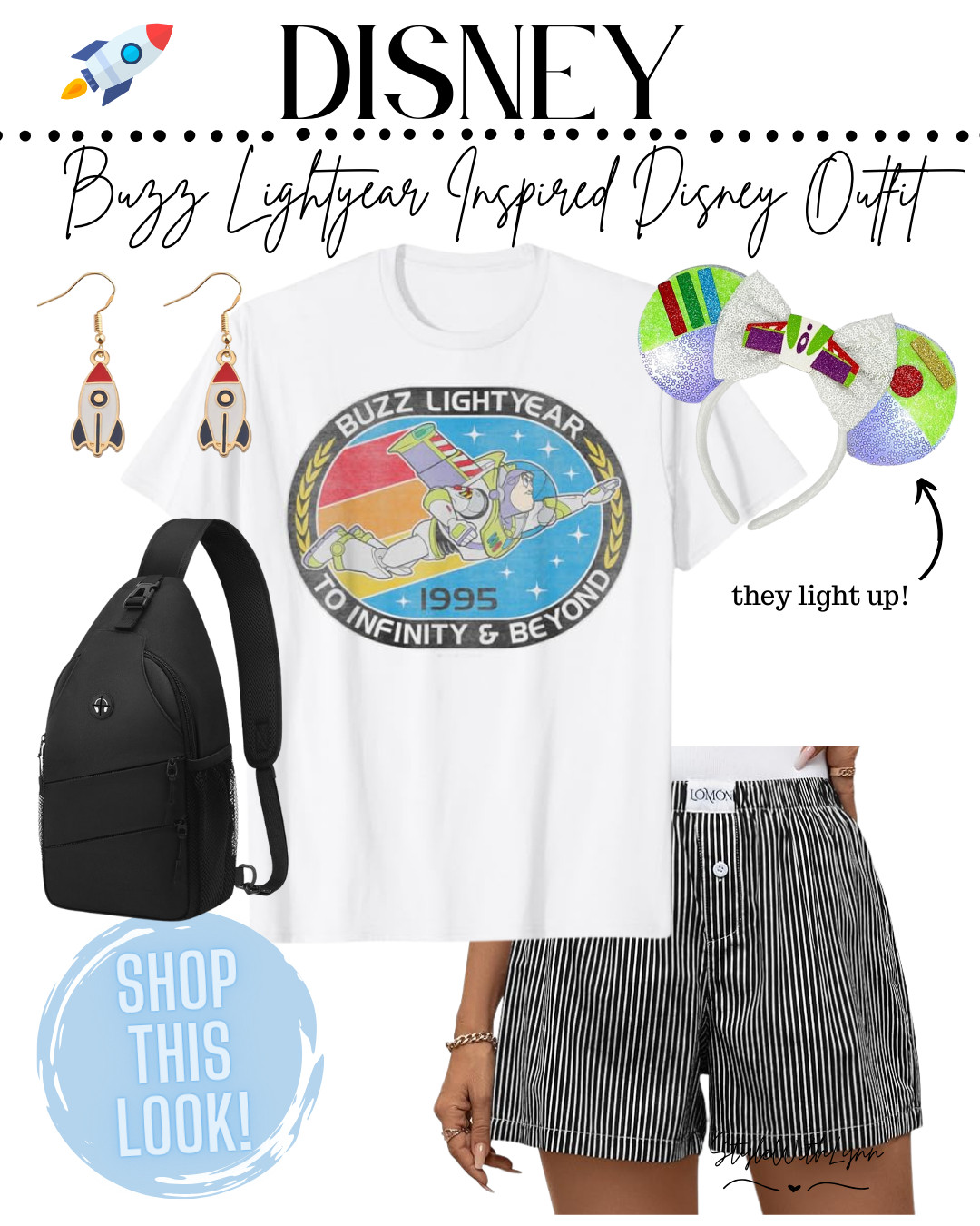 ✨🚀 Blasting off to infinity and beyond with this Buzz Lightyear-inspired Disney look! Rocking a fun t-shirt paired with striped shorts for those classic space ranger vibes. The coordinating crossbody bag keeps things practical while still on-theme, and the spaceship earrings add a celestial touch. Topping it all off? Light-up Buzz Lightyear Mickey ears that truly steal the show. Ready to take on the galaxy in style!

#DisneyStyle #BuzzLightyearInspired #SpaceRangerVibes #ToInfinityAndBeyond #DisneyFashion #PopCultureStyle #DisneyMagic #FunOutfits #LightUpEars #LTKDisney #WeekendStyle #StreetStyleInspo #FashionForFans #ColorfulVibes #DreamBigStyle 

 

#LTKStyleTip #LTKTravel