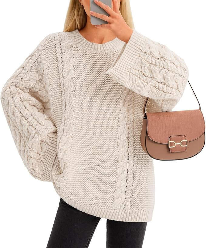 Yousify Womens Oversized Cable Knit Sweaters Long Sleeve Crewneck Casual Fall Chunky Pullover Vin... | Amazon (US)