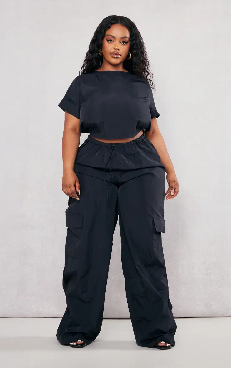 Black Nylon Wide Leg Cargo Trousers Co-ord | PrettyLittleThing USA | PrettyLittleThing US
