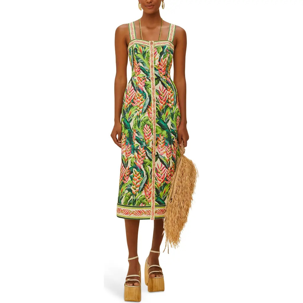 FARM Rio Heli Leaves Button Front Linen Midi Dress in Pearl at Nordstrom Rack, Size Small | Nordstrom Rack