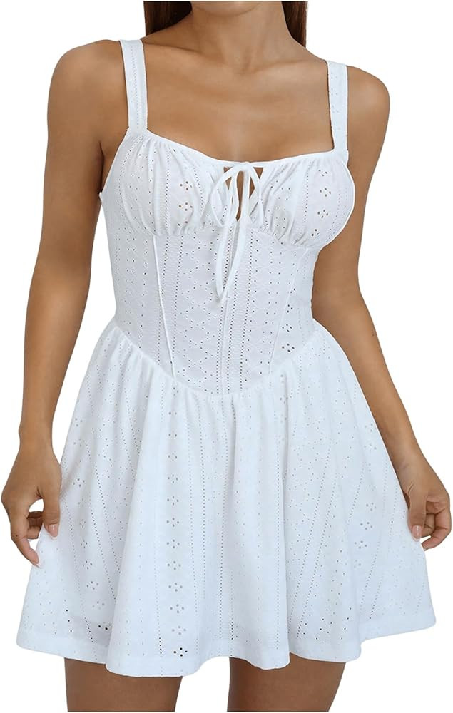 Milumia Women's Eyelet Elastic Tie Front Ruched High Waist Cami Sleeveless Mini Dresses | Amazon (US)