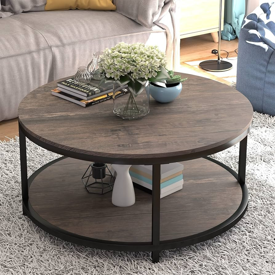 NSdirect Round Coffee Table,36" Coffee Table for Living Room,2-Tier Rustic Wood Desktop with Stor... | Amazon (US)