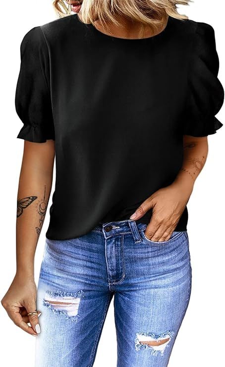Dokotoo Womens 2022 Summer Short Sleeve Ruffle Puff Sleeve Casual Loose Shirts Tops and Blouses | Amazon (US)