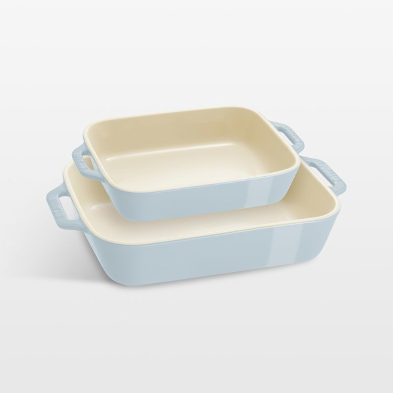 Staub Macaron Pastel Blue Rectangular Bakers, Set of 2 + Reviews | Crate & Barrel | Crate & Barrel